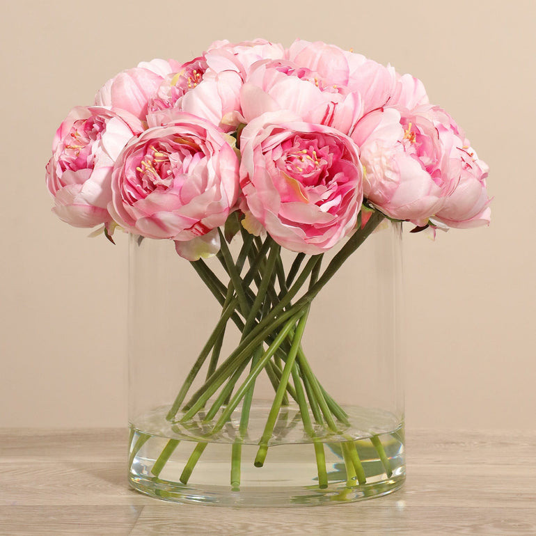 Artificial Peony Arrangement in Glass Vase