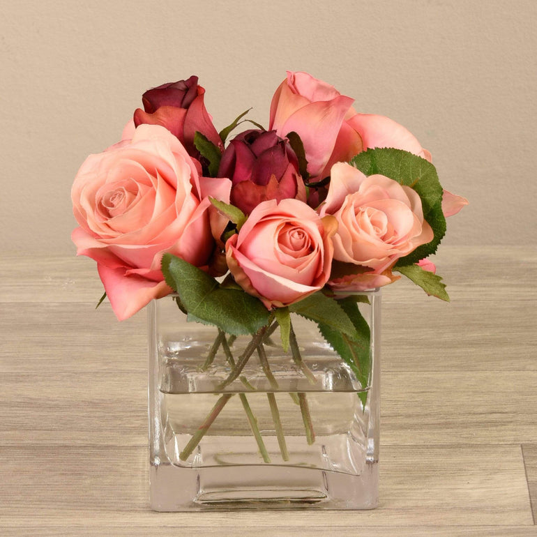 Artificial Mixed Rose Arrangement in Glass Vase